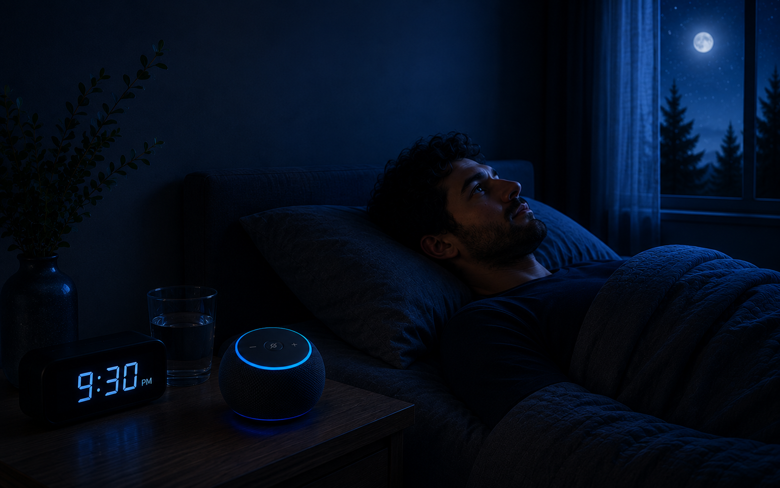 Quiet moonlit bedroom scene for the I'm Aware Alexa skill